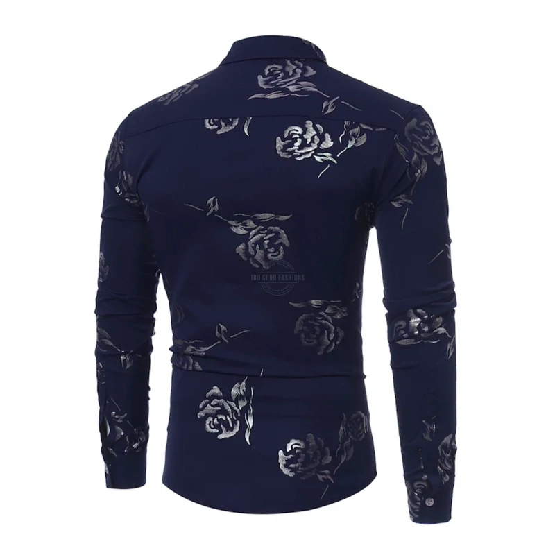 Midnight Blue Gold Roses Long-Sleeve Shirt