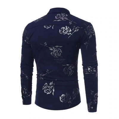 Midnight Blue Gold Roses Long-Sleeve Shirt