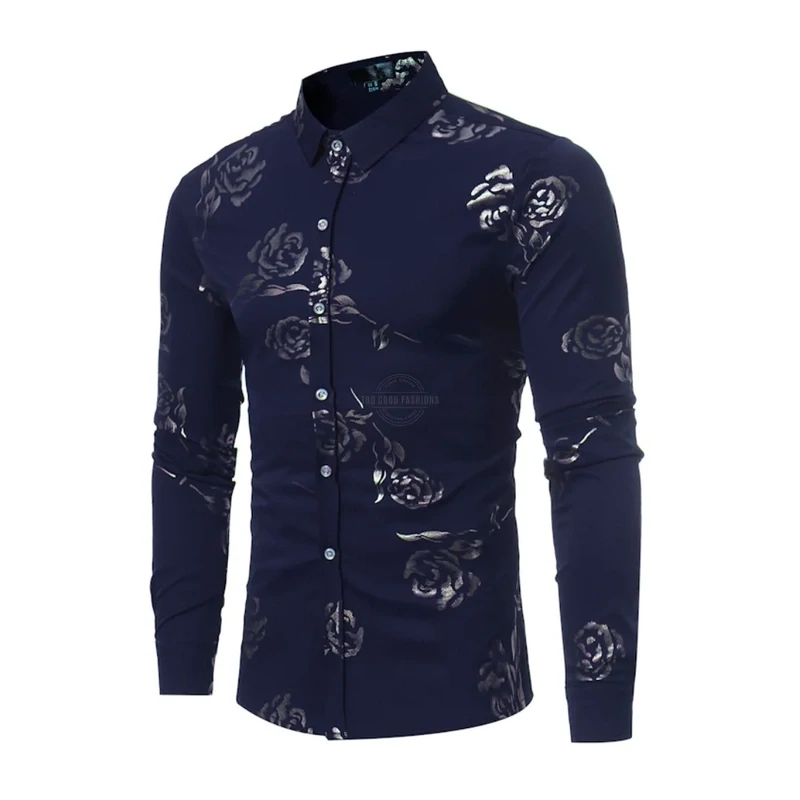 Midnight Blue Gold Roses Long-Sleeve Shirt