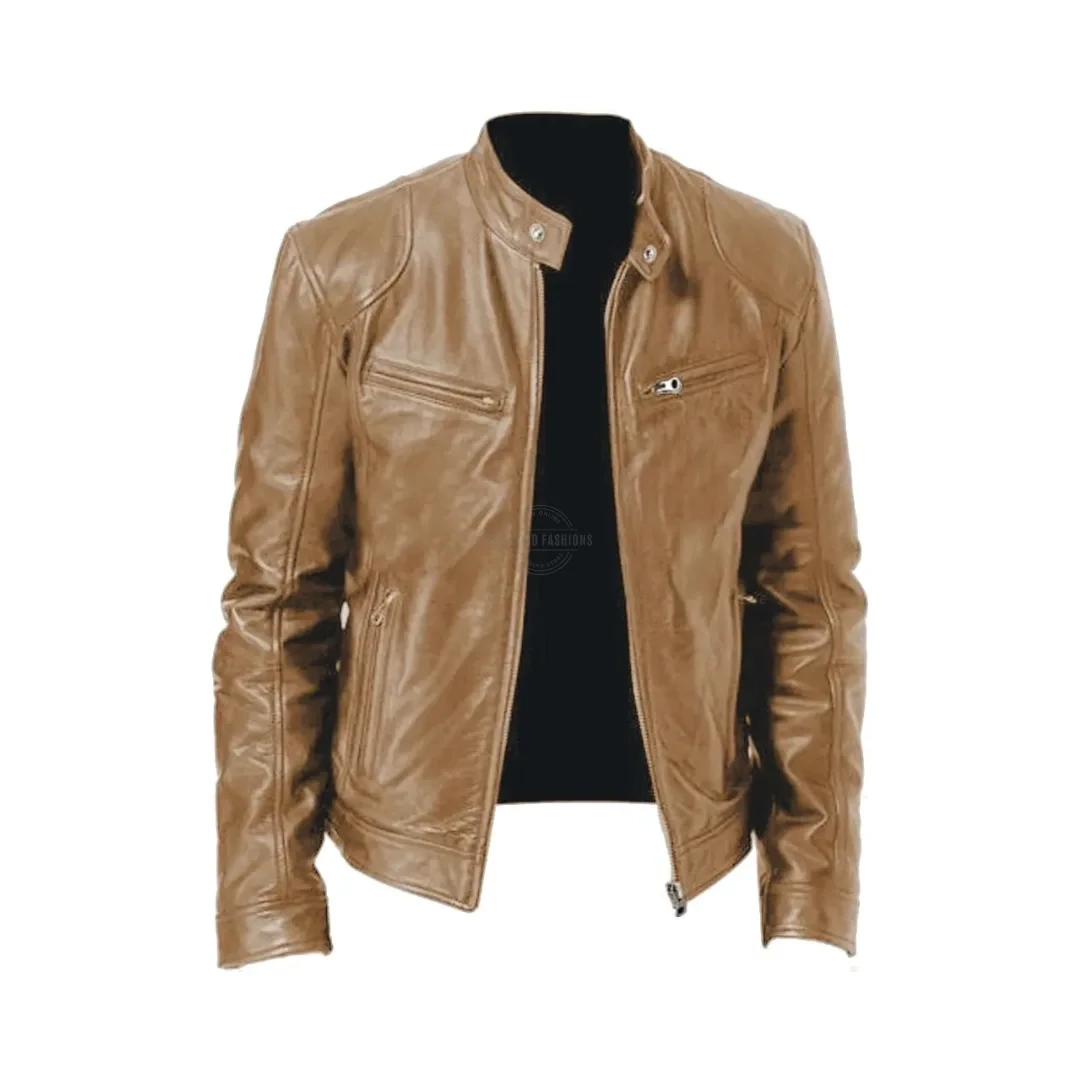 Men&#39;s khaki slim-fit PU leather jacket
