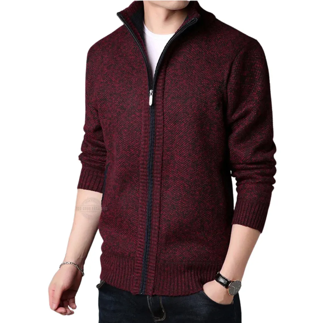 Men&#39;s wine red zip-up cardigan