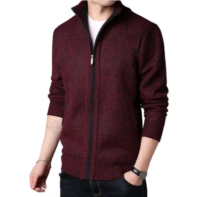 Men&#39;s wine red zip-up cardigan