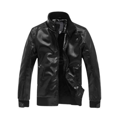 Men&#39;s black PU leather jacket with stretch trim