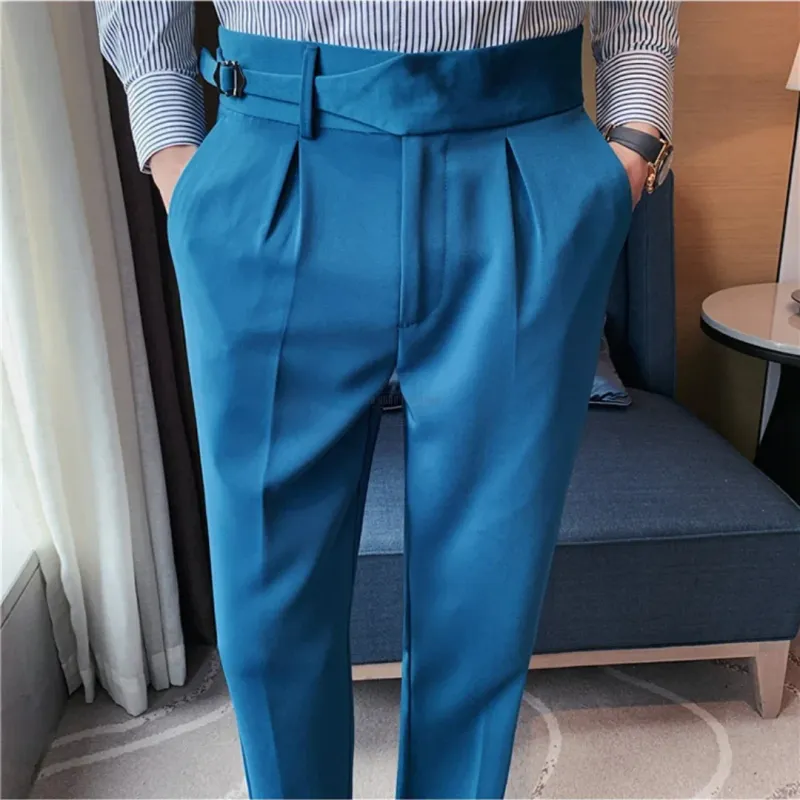 Blue Tapered Dress Pants with Sleek Belt Design