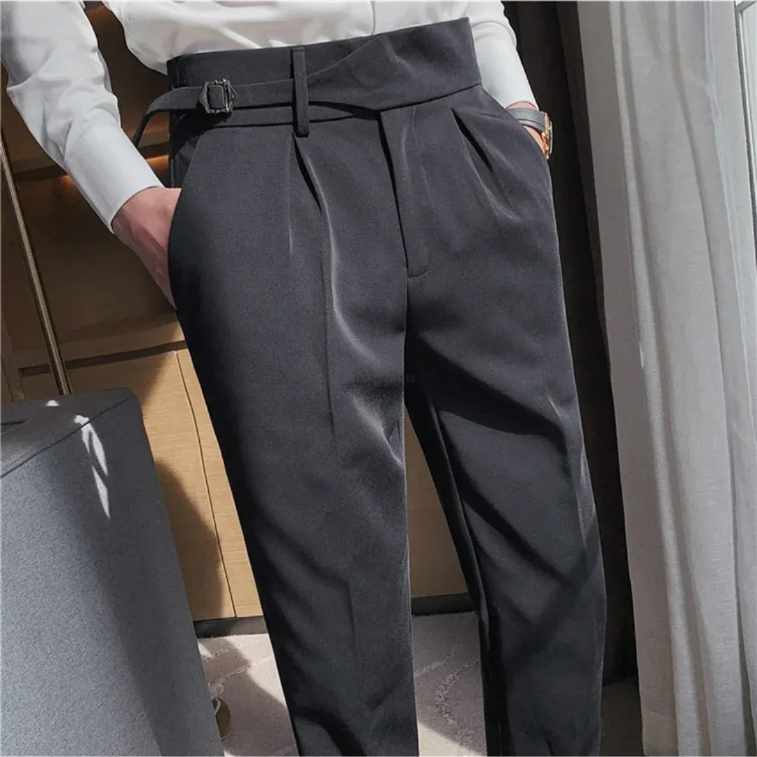 Black Tapered Dress Pants with Sleek Belt Design