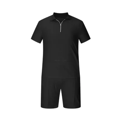 Solid Black Suit - Zip-up Polo Top with Drawstring Shorts (L)