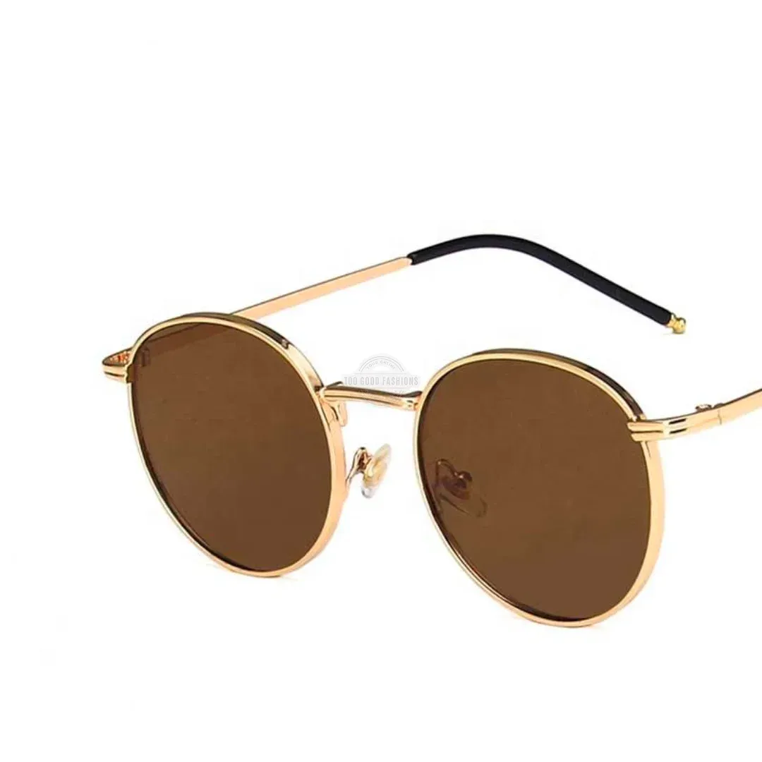 Gold frame brown lens unisex round sunglasses