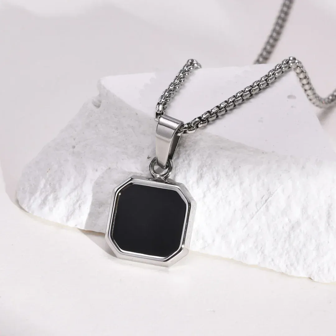 Men’s silver square pendant necklace, sleek and modern design	