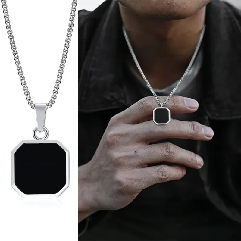 Black Square Pendant Necklace in Silver