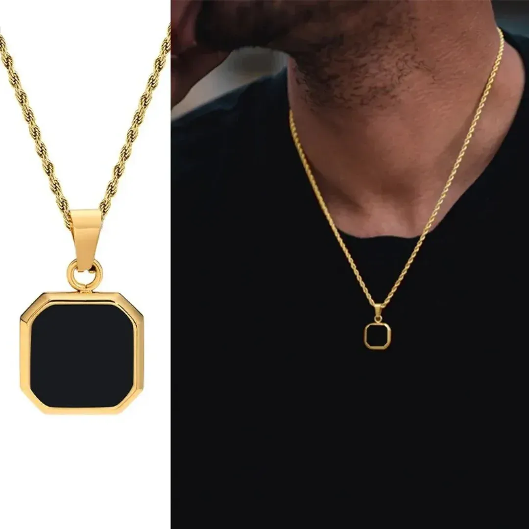 Black Square Pendant Gold-Plated Stainless Steel Necklace, Chain: Rope
