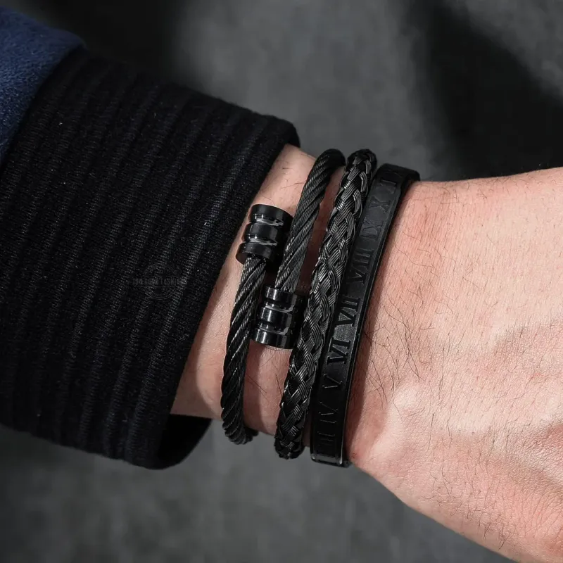 Roman Numerals Rope Bracelet 3 Piece Set in Black