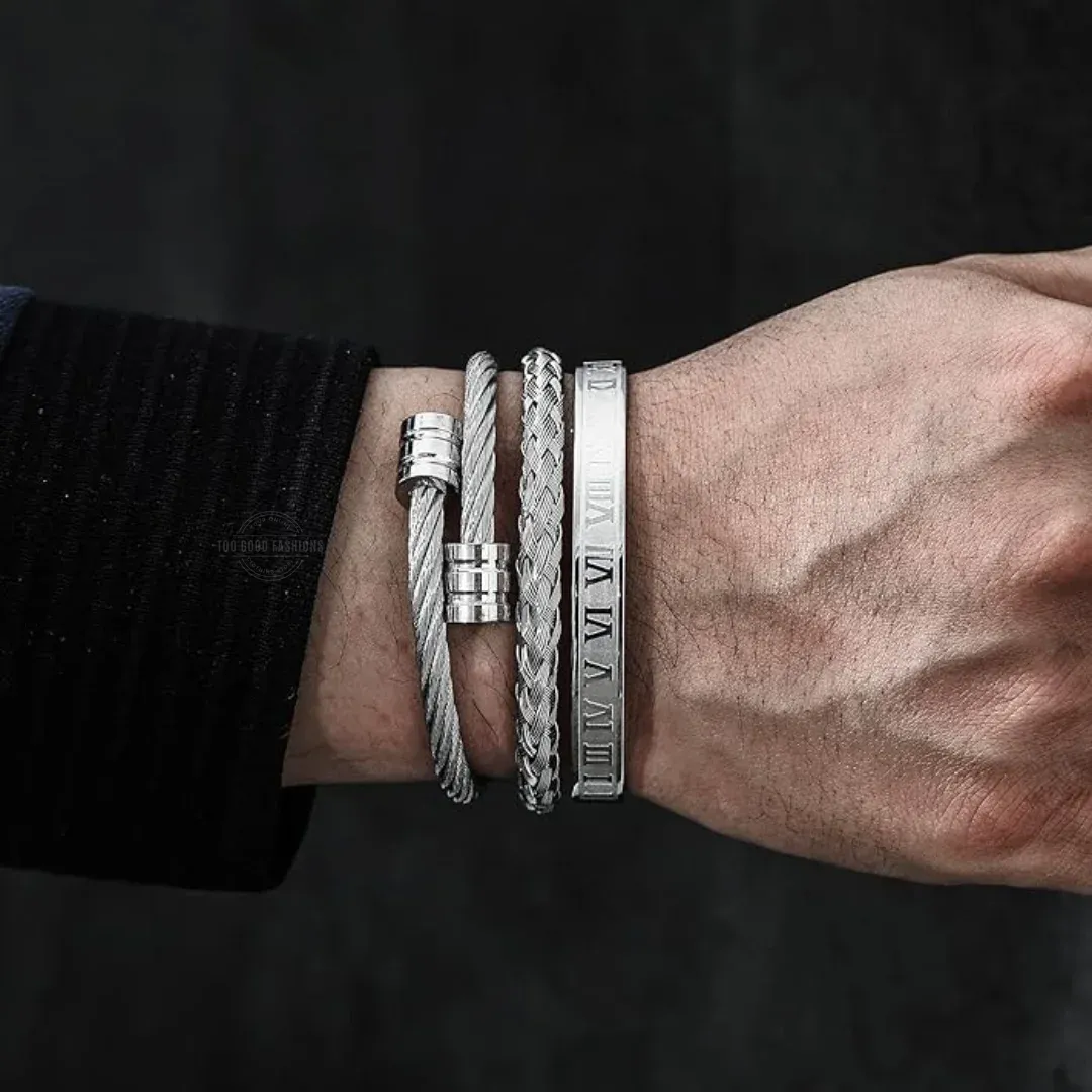 Roman Numerals Rope Bracelet 3 Piece Set in Silver