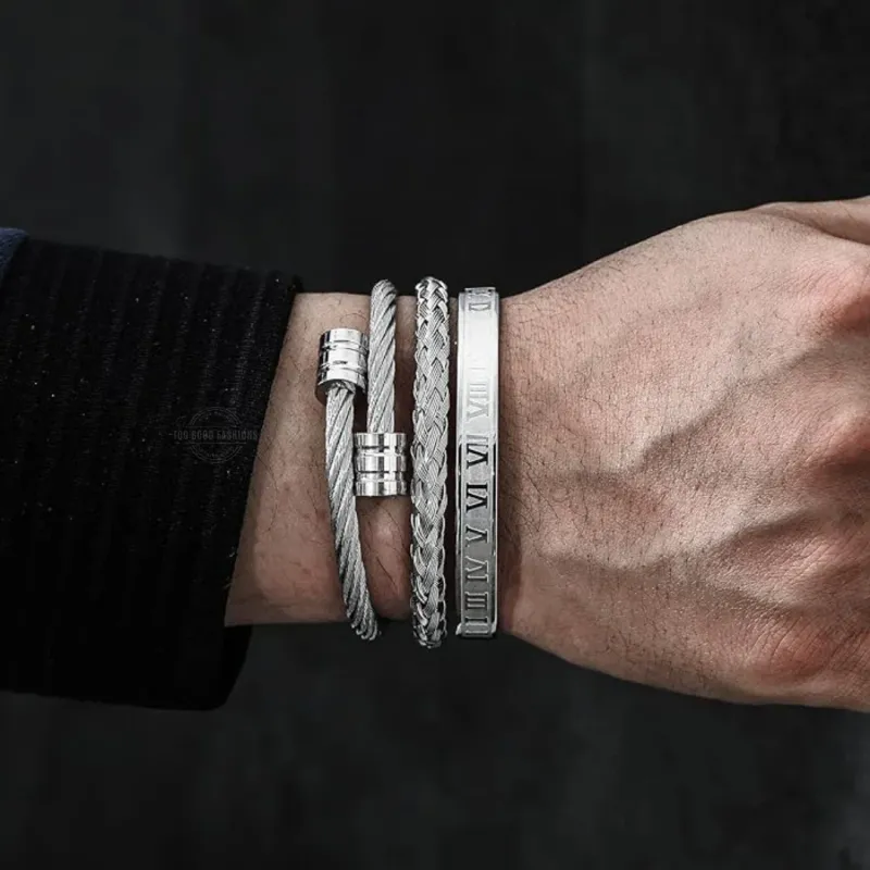 Roman Numerals Rope Bracelet 3 Piece Set in Silver