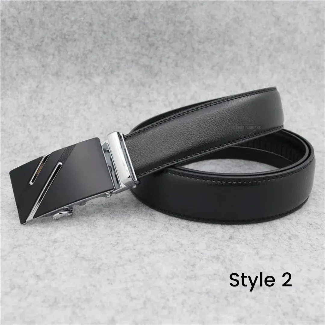 Black Leather Belt with Automatic Ratchet - S2 Silver