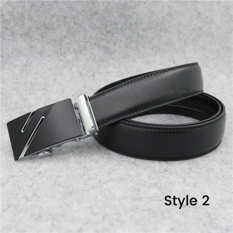 Black Leather Belt with Automatic Ratchet - S2 Silver
