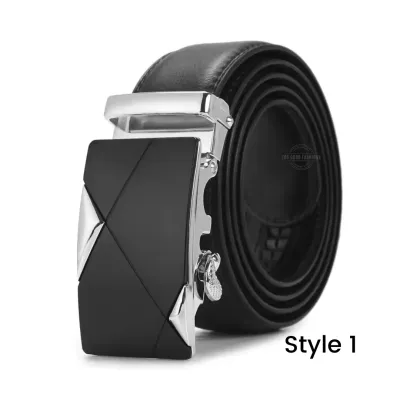 Black leather ratchet belt with automatic buckle – adjustable &amp; hole-free design