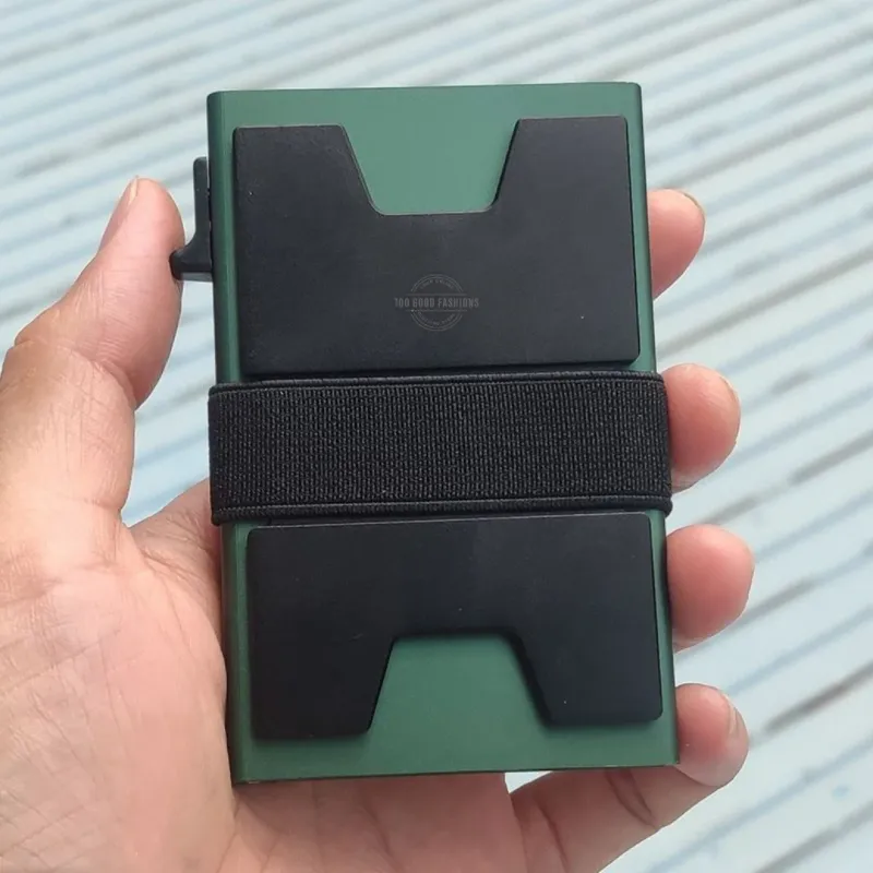 Green aluminum slim wallet with expandable backplate and RFID blocking