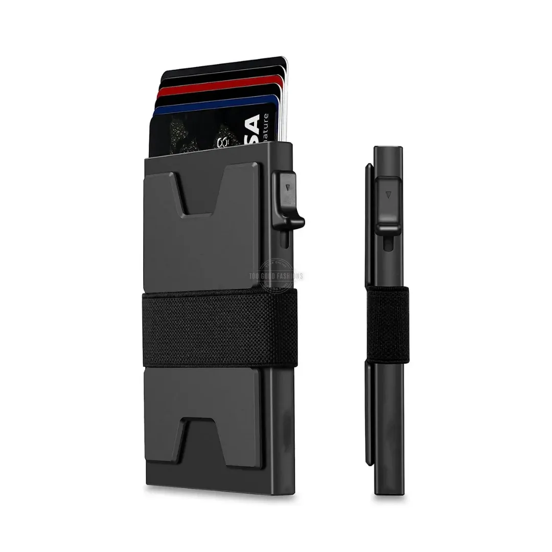 Black Aluminum Slim Wallet with Expandable Backplate, Cash Band, Pop-up Card Holder &amp; RFID Blocking