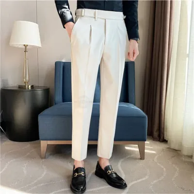White Tapered Dress Pants with Sleek Belt Design