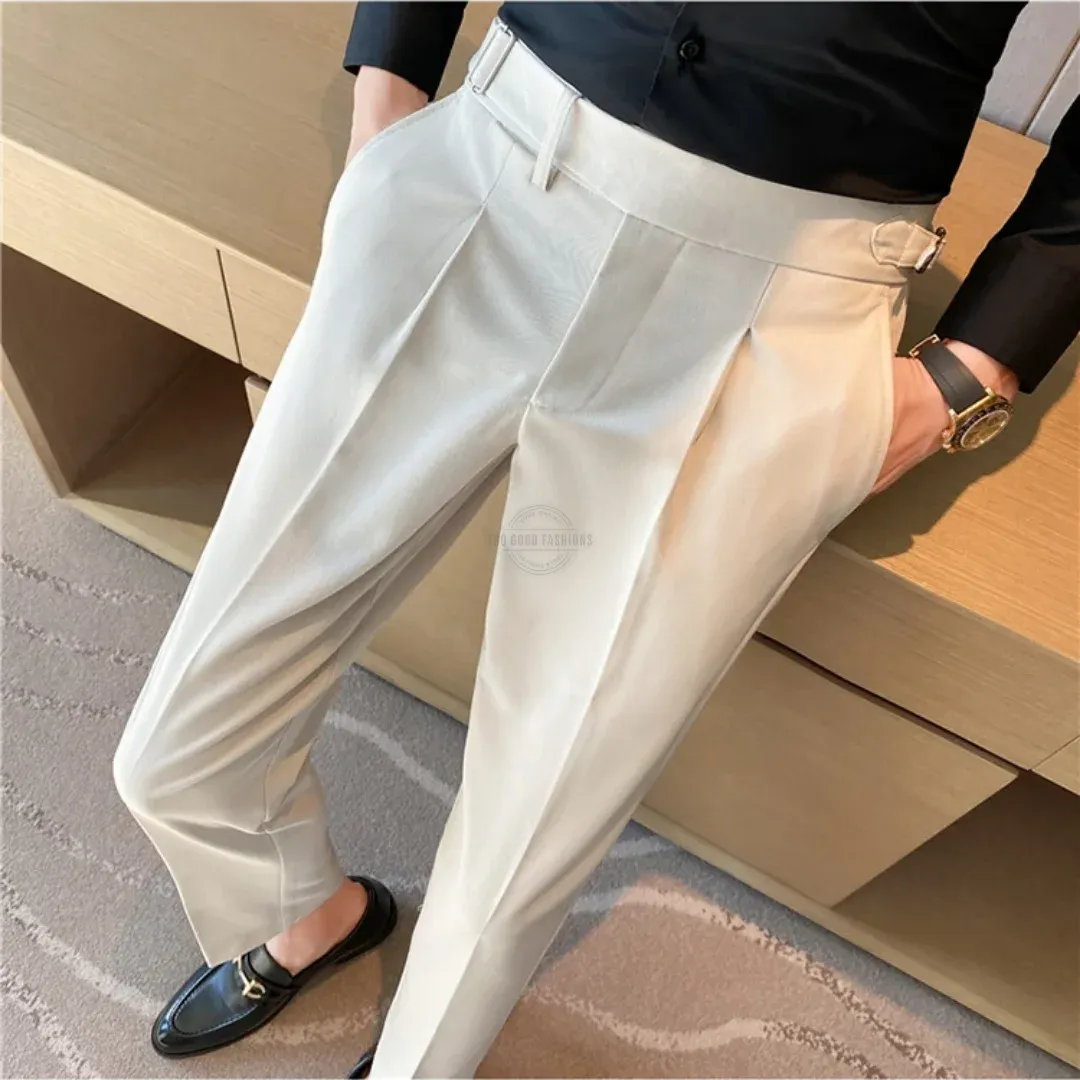 Men's white tapered dress pants with belt design