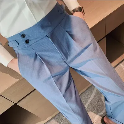 Light Blue Pinstripe Tapered Dress Pants with Button Front