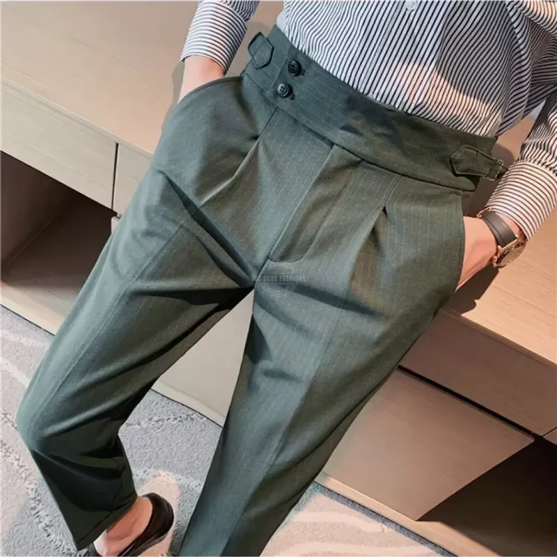 Men&#39;s dark green pinstripe tapered dress pants with button front


