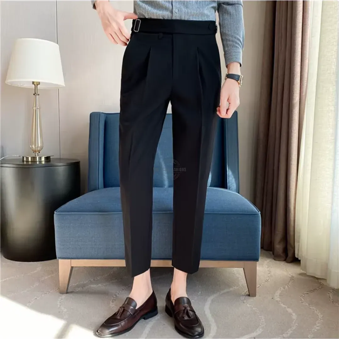 Men&#39;s black tapered dress pants with belt design