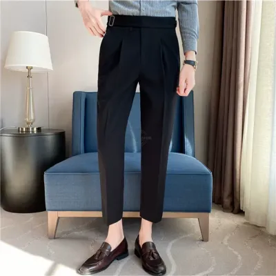 Men&#39;s black tapered dress pants with belt design