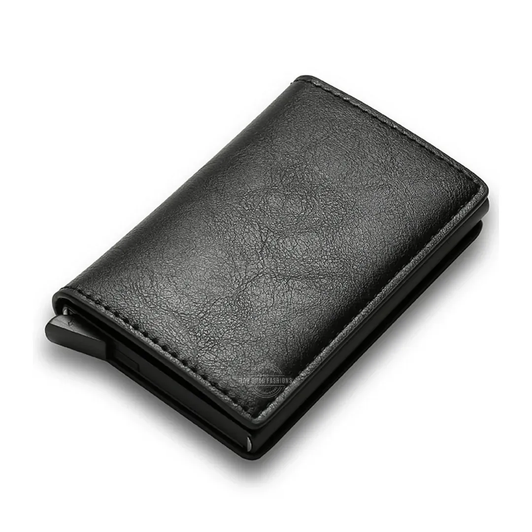 All black tri-fold leather slim wallet with RFID blocking and pop-up card holder