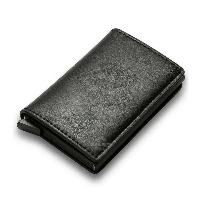 All black tri-fold leather slim wallet with RFID blocking and pop-up card holder