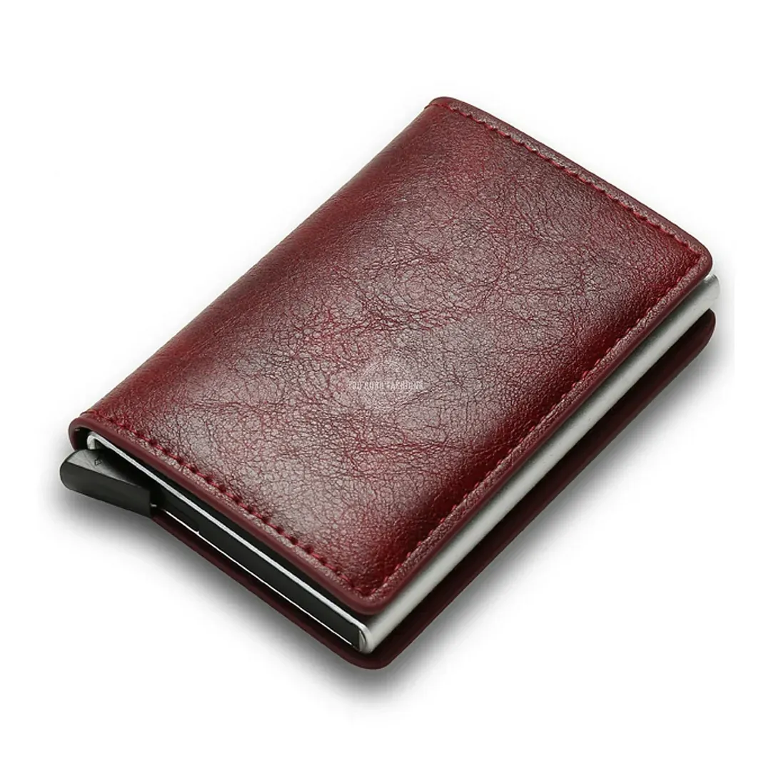Red tri-fold leather slim wallet with RFID blocking and pop-up card holder