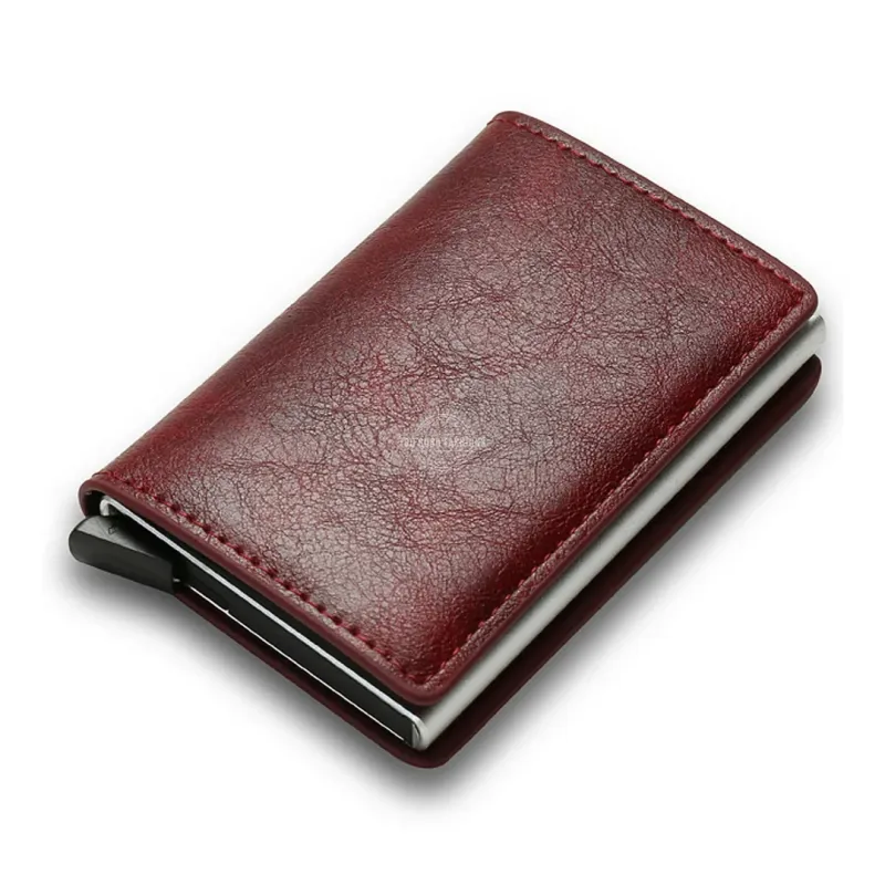 Red tri-fold leather slim wallet with RFID blocking and pop-up card holder