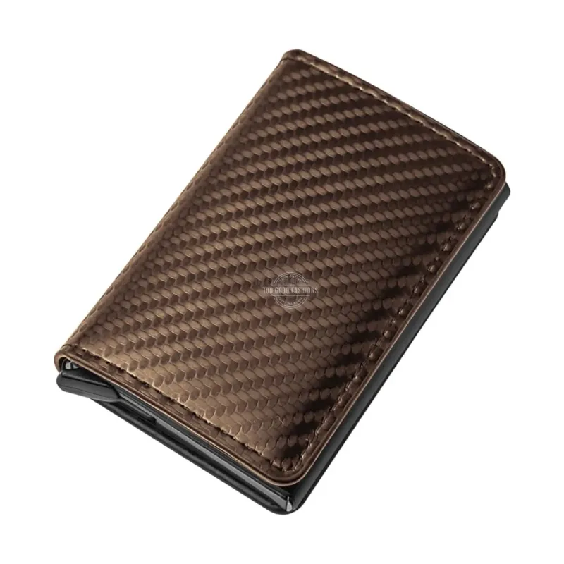 Brown Carbon Fibre Design Tri-Fold Leather Slim Wallet with RFID Blocking &amp; Pop-up Card Holder