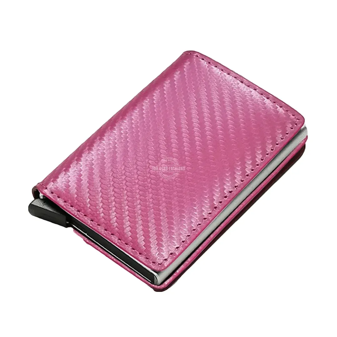 Pink carbon fibre design tri-fold leather slim wallet with RFID blocking