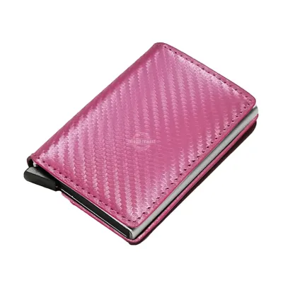 Pink carbon fibre design tri-fold leather slim wallet with RFID blocking