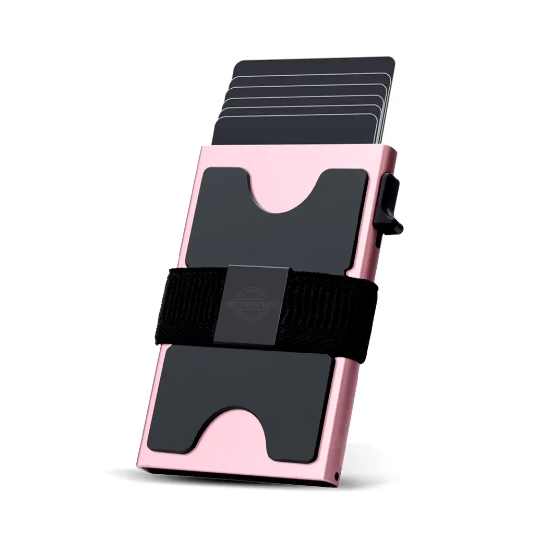 Pink aluminum slim wallet with expandable backplate and RFID blocking