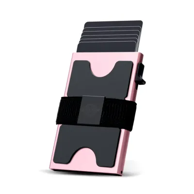 Pink aluminum slim wallet with expandable backplate and RFID blocking