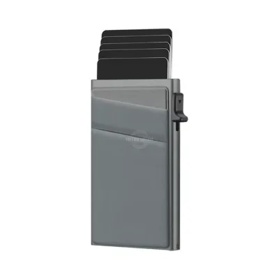 All gray slanted sleeve slim wallet with pop-up card holder and RFID blocking