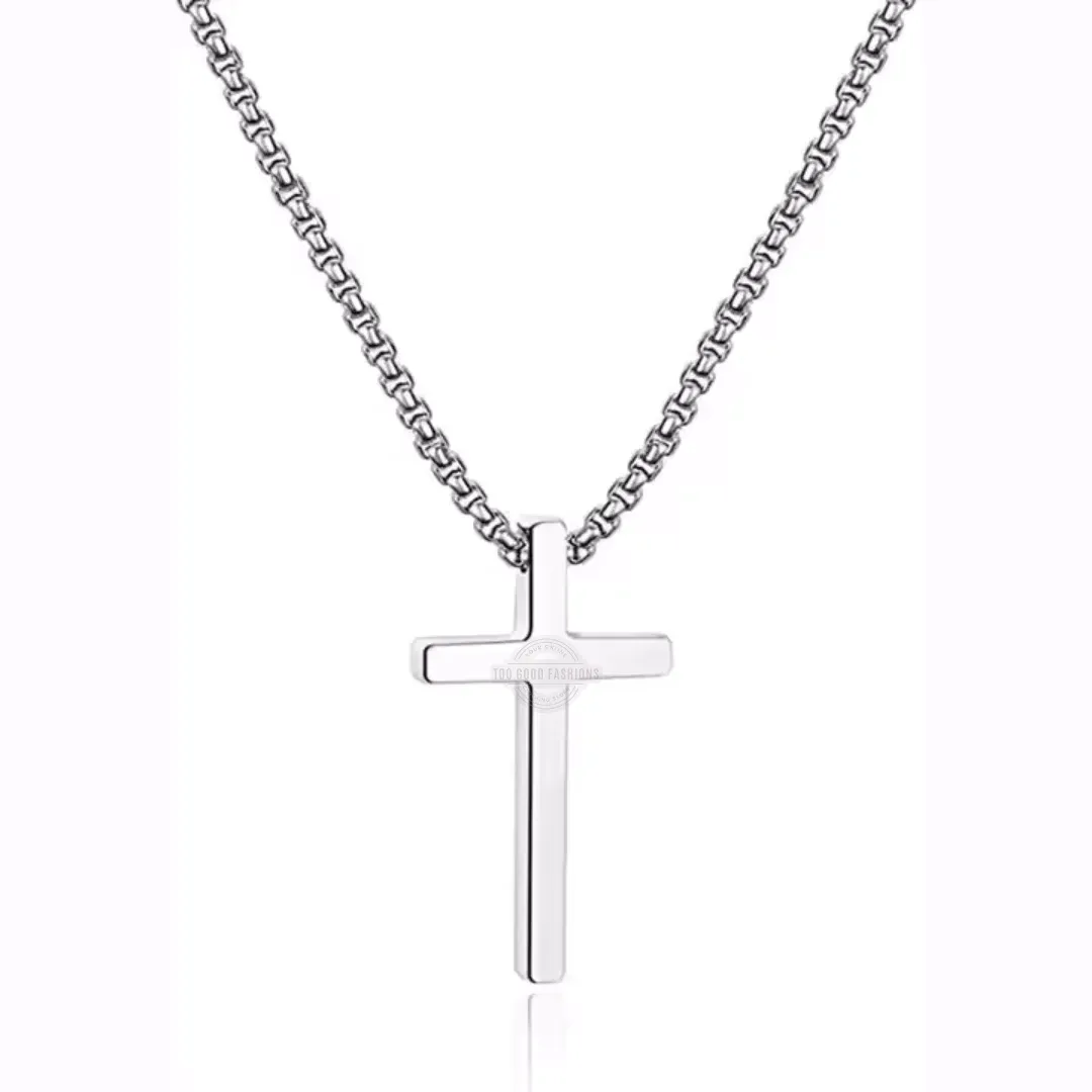 Men’s silver stainless steel cross pendant necklace, durable and stylish accessory

