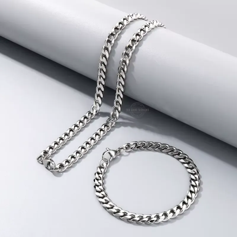 Silver Cuban link necklace and bracelet set for men, bold and durable jewelry combo


