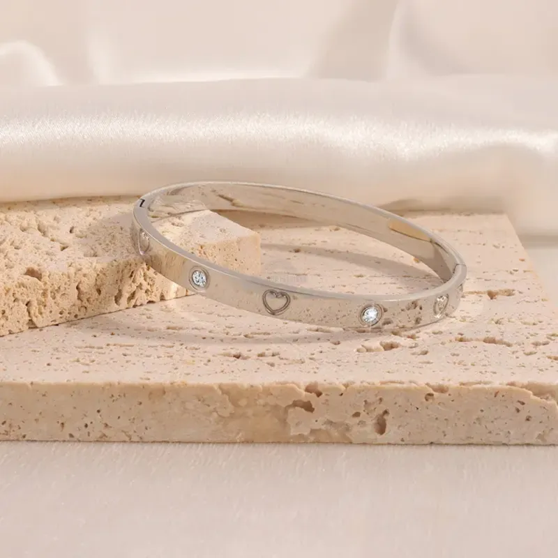 Heart Inlaid Gem Stainless Steel Bangle in Silver