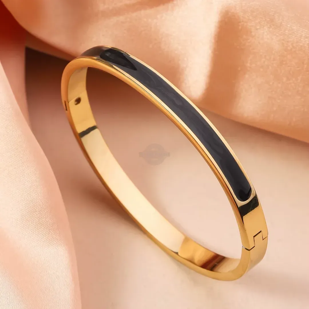 Black Enamel Stainless Steel Bangle in Gold