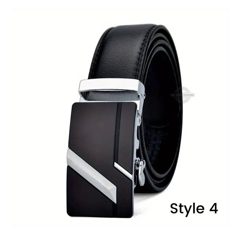 Black leather ratchet belt with automatic buckle – adjustable &amp; hole-free design