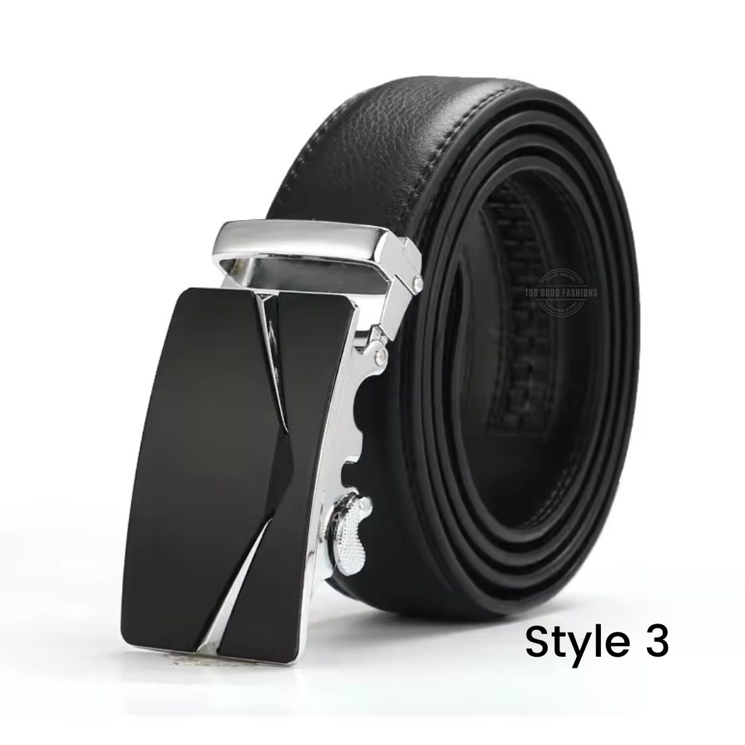 Black leather ratchet belt with automatic buckle – adjustable &amp; hole-free design