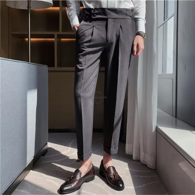 Charcoal Pinstripe Tapered Dress Pants with Button Front