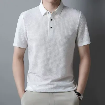 Men&#39;s white textured lightweight polo shirt

