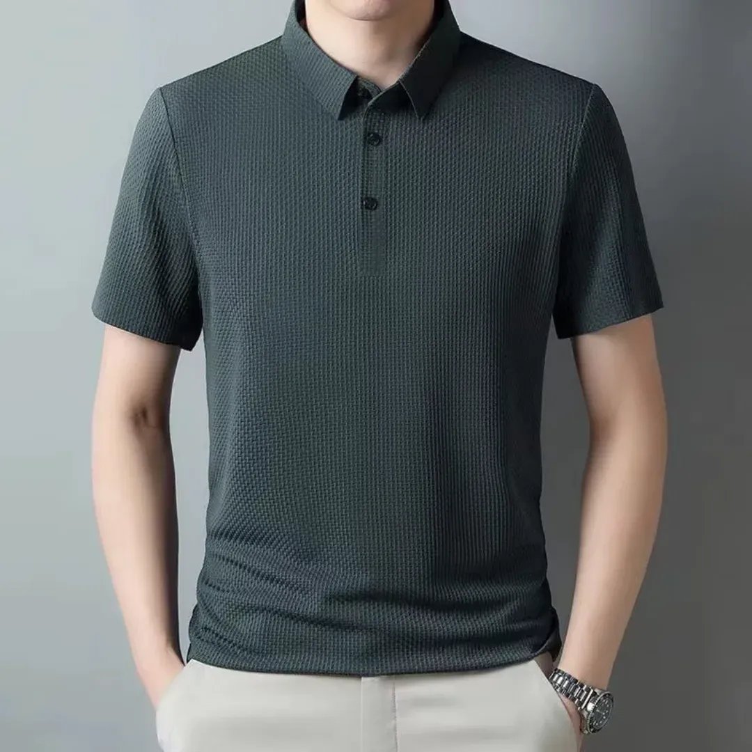 Men&#39;s dark green textured lightweight polo shirt