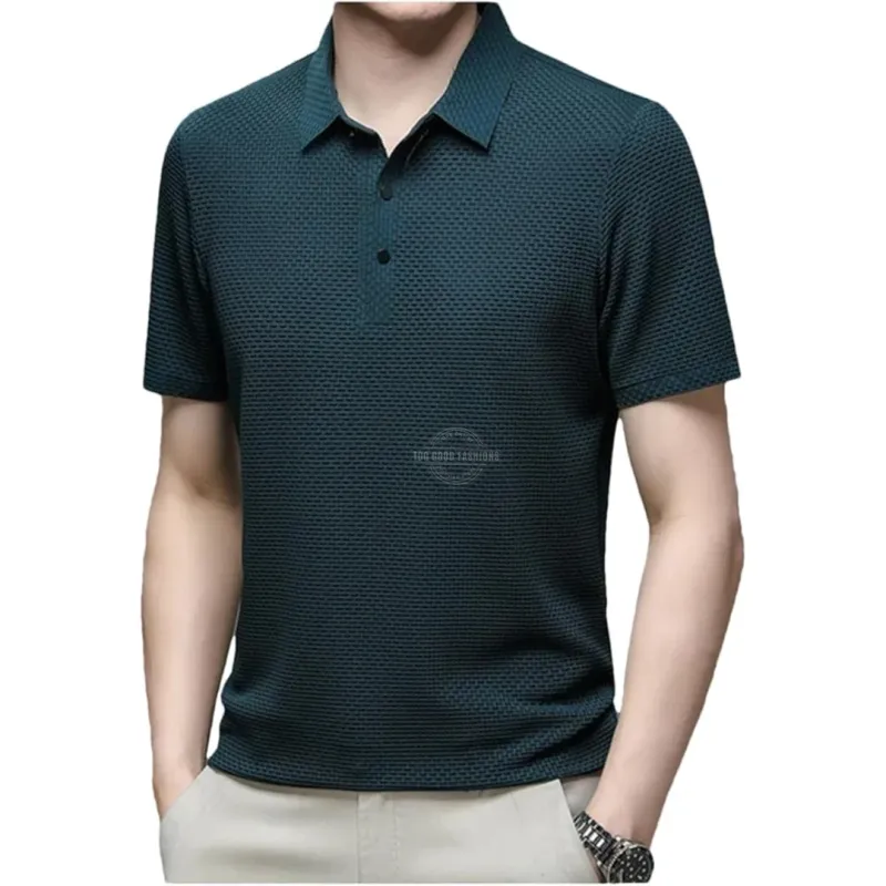 Men&#39;s dark teal textured lightweight polo shirt