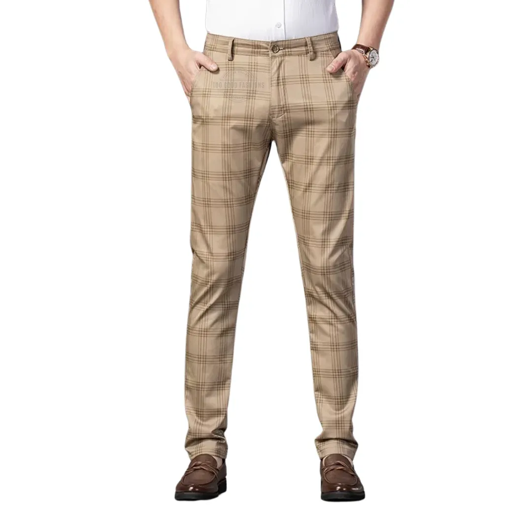 Men&#39;s khaki checkered plaid chino pants
