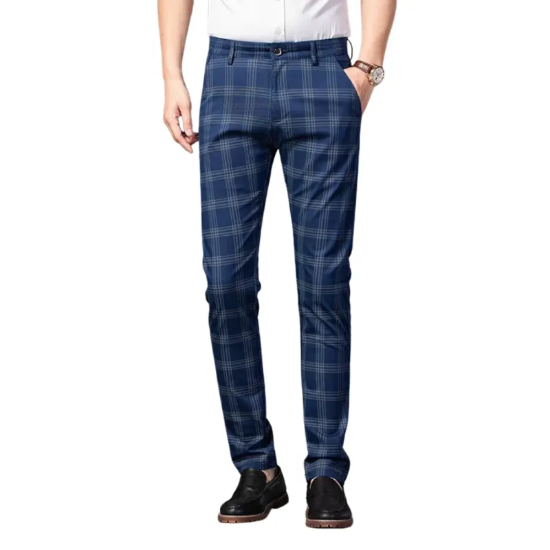 Navy Blue Checkered Plaid Chino Pants